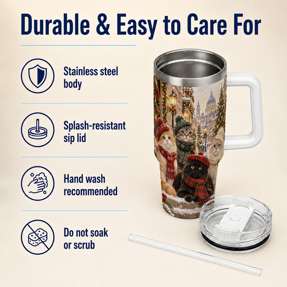 Christmas Cats 40oz Tumbler with Handle, Winter Cat Travel Cup