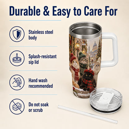 Christmas Cats 40oz Tumbler with Handle, Winter Cat Travel Cup