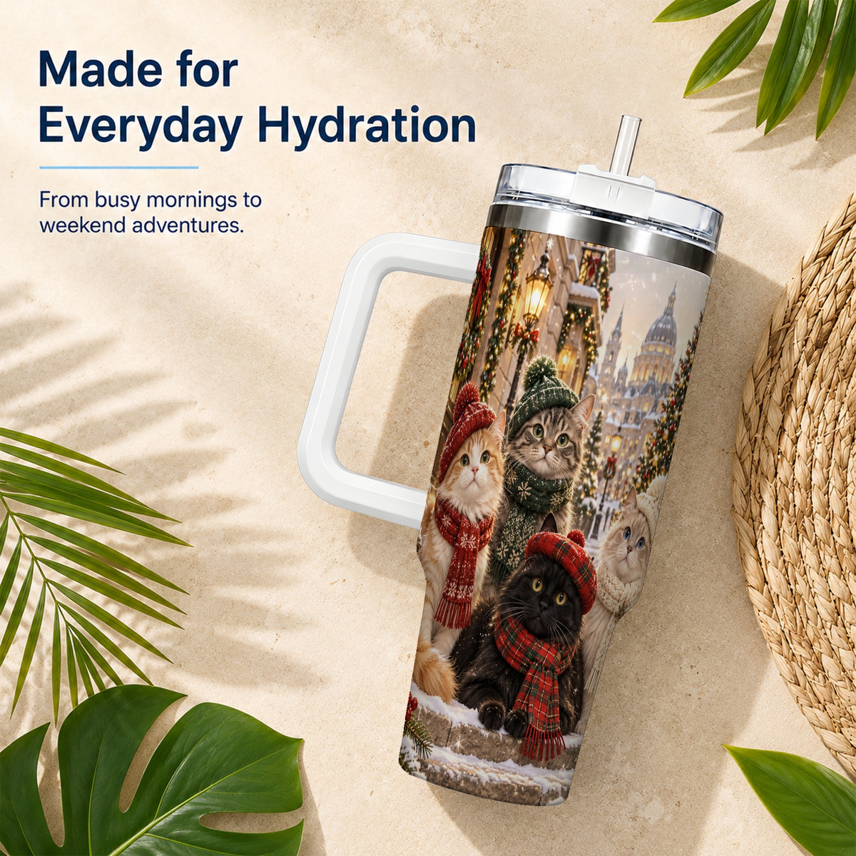 Christmas Cats 40oz Tumbler with Handle, Winter Cat Travel Cup