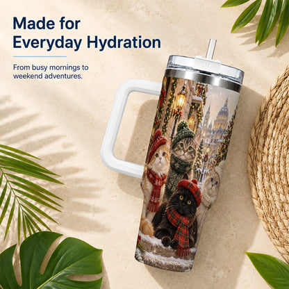 Christmas Cats 40oz Tumbler with Handle, Winter Cat Travel Cup