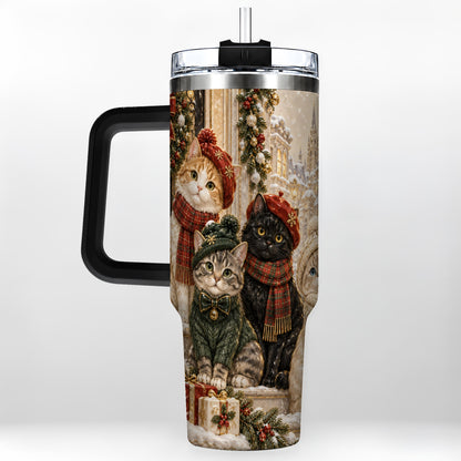 #pl[40oz|Black] Christmas Cats 40oz Tumbler with Handle, Festive Cat Travel Cup