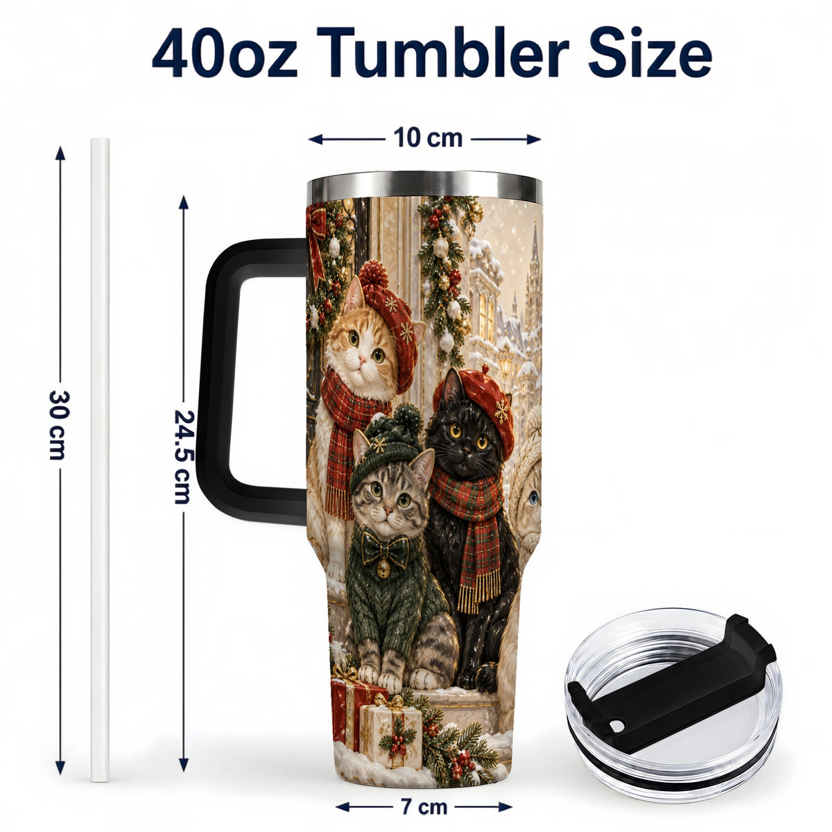 #pl[40oz|Black] Christmas Cats 40oz Tumbler with Handle, Festive Cat Travel Cup