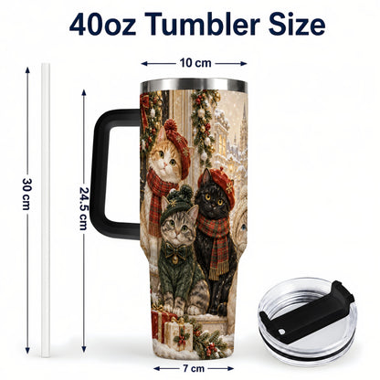 #pl[40oz|Black] Christmas Cats 40oz Tumbler with Handle, Festive Cat Travel Cup