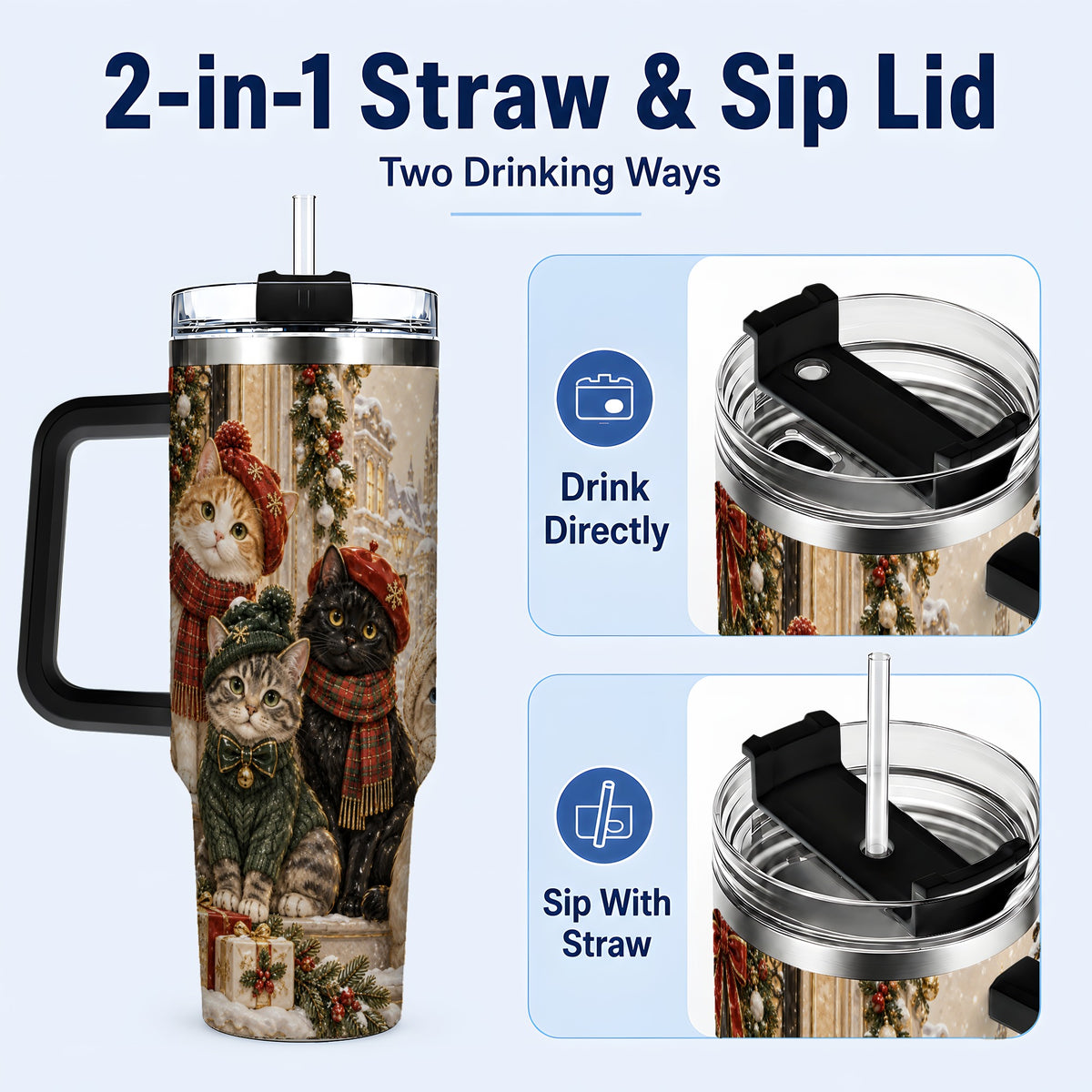 #pl[40oz|Black] Christmas Cats 40oz Tumbler with Handle, Festive Cat Travel Cup