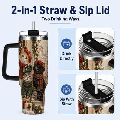 #pl[40oz|Black] Christmas Cats 40oz Tumbler with Handle, Festive Cat Travel Cup