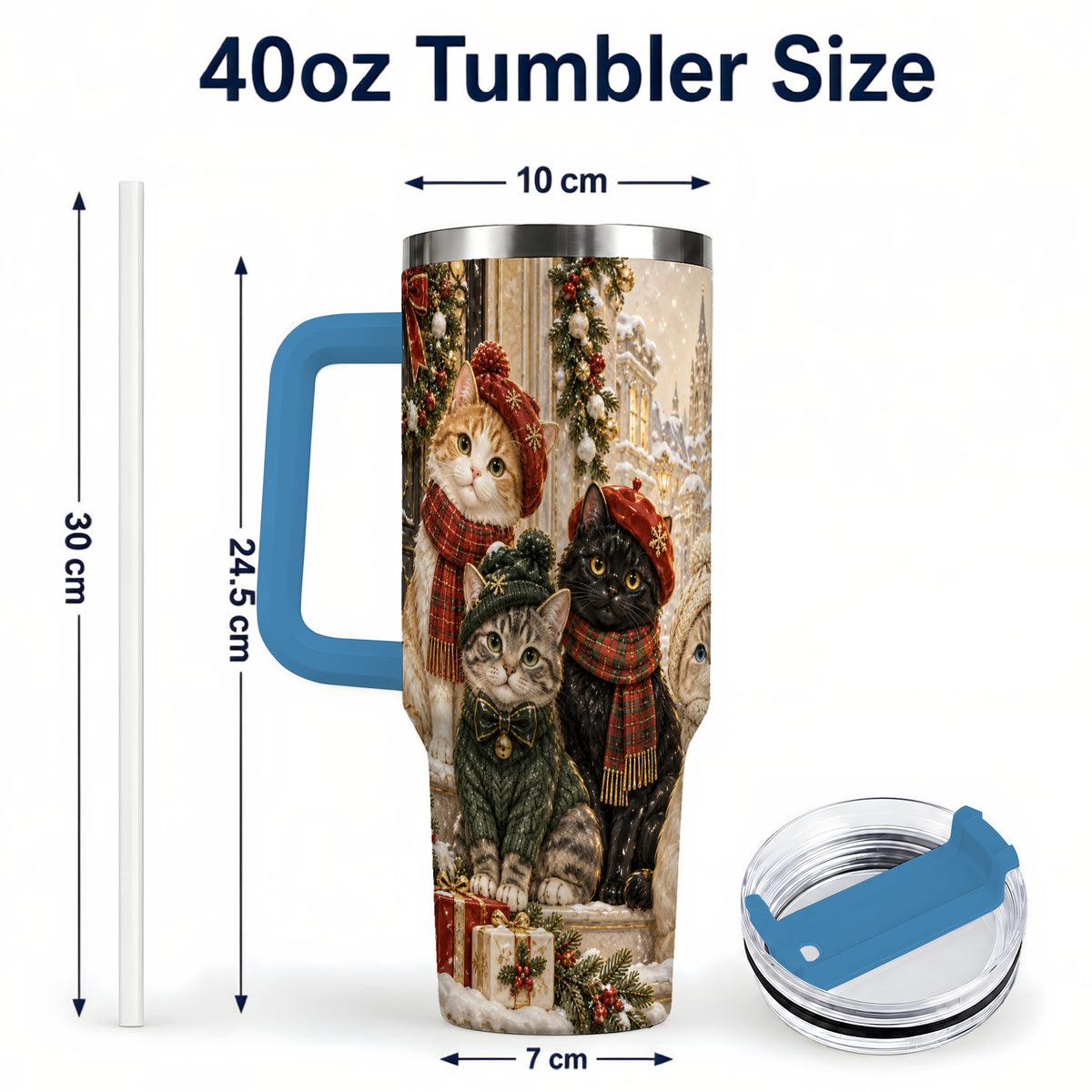 #pl[40oz|Blue] Christmas Cats 40oz Tumbler with Handle, Festive Cat Travel Cup