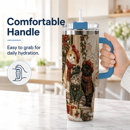 #pl[40oz|Blue] Christmas Cats 40oz Tumbler with Handle, Festive Cat Travel Cup
