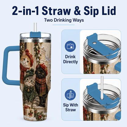 #pl[40oz|Blue] Christmas Cats 40oz Tumbler with Handle, Festive Cat Travel Cup