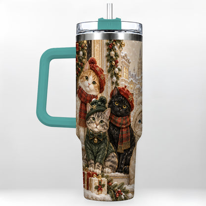 #pl[40oz|Green] Christmas Cats 40oz Tumbler with Handle, Festive Cat Travel Cup