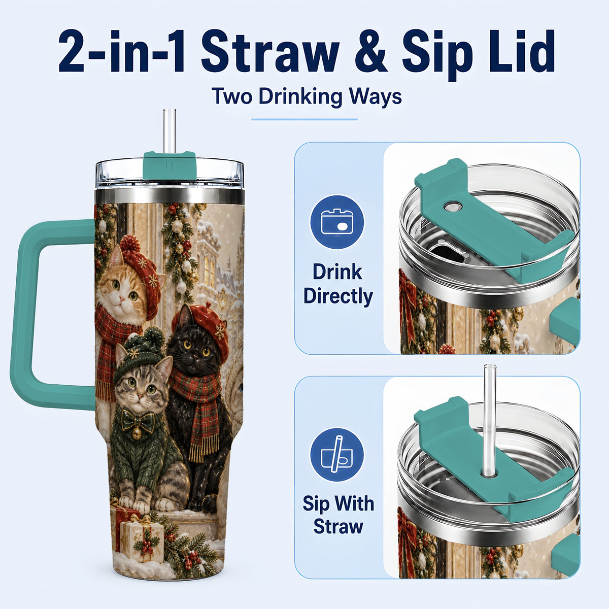 #pl[40oz|Green] Christmas Cats 40oz Tumbler with Handle, Festive Cat Travel Cup