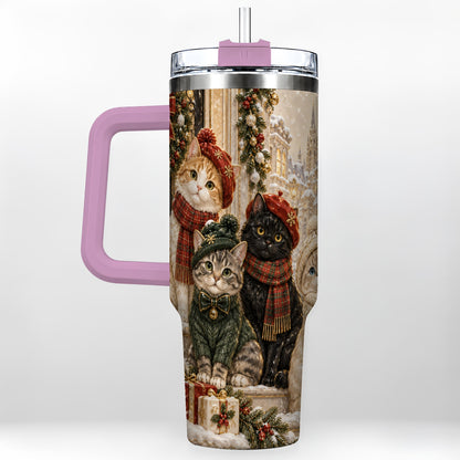 #pl[40oz|Pink] Christmas Cats 40oz Tumbler with Handle, Festive Cat Travel Cup