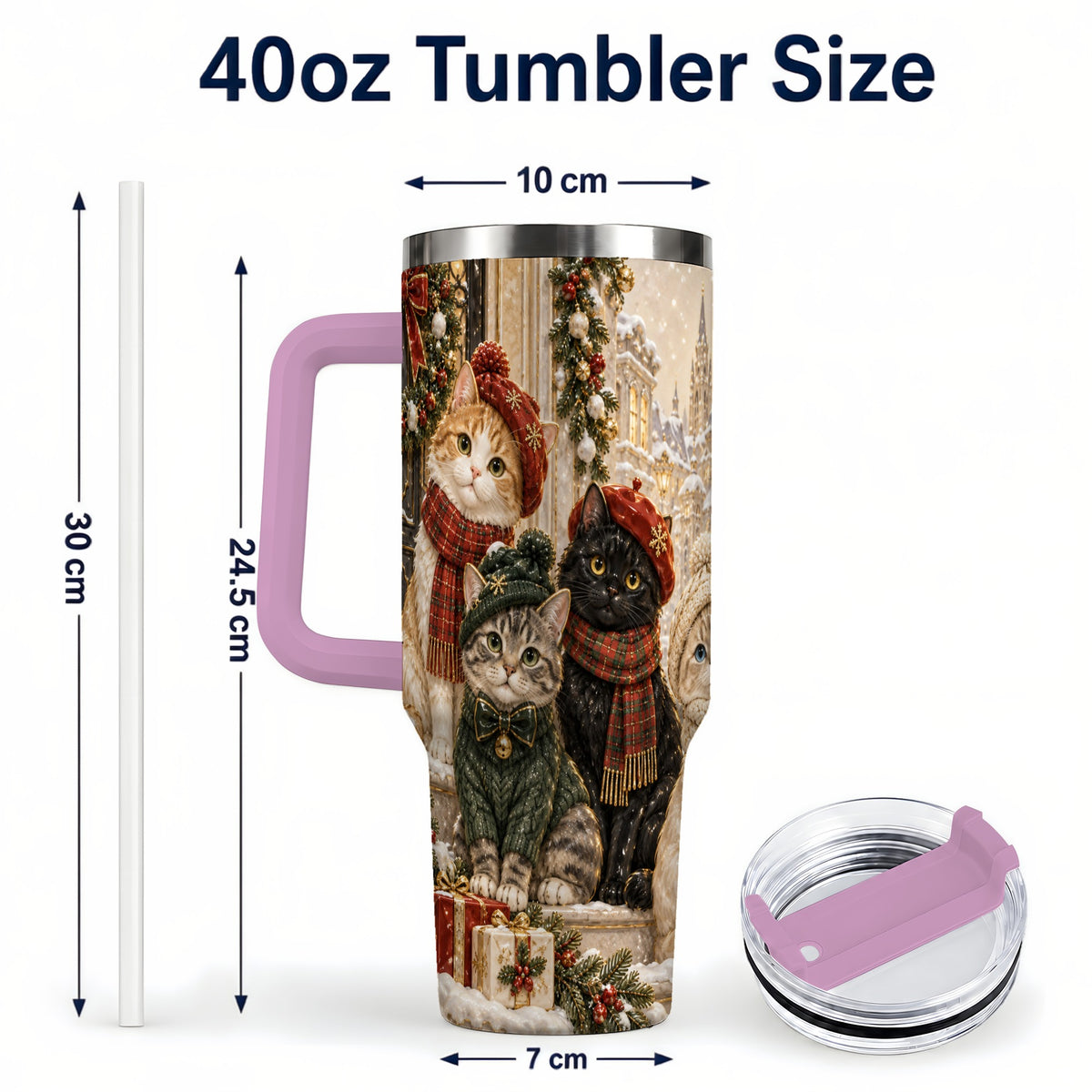 #pl[40oz|Pink] Christmas Cats 40oz Tumbler with Handle, Festive Cat Travel Cup