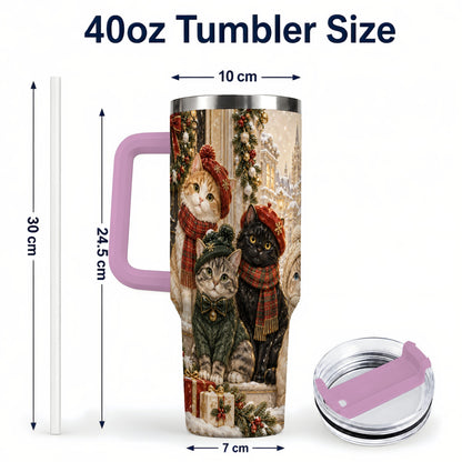 #pl[40oz|Pink] Christmas Cats 40oz Tumbler with Handle, Festive Cat Travel Cup