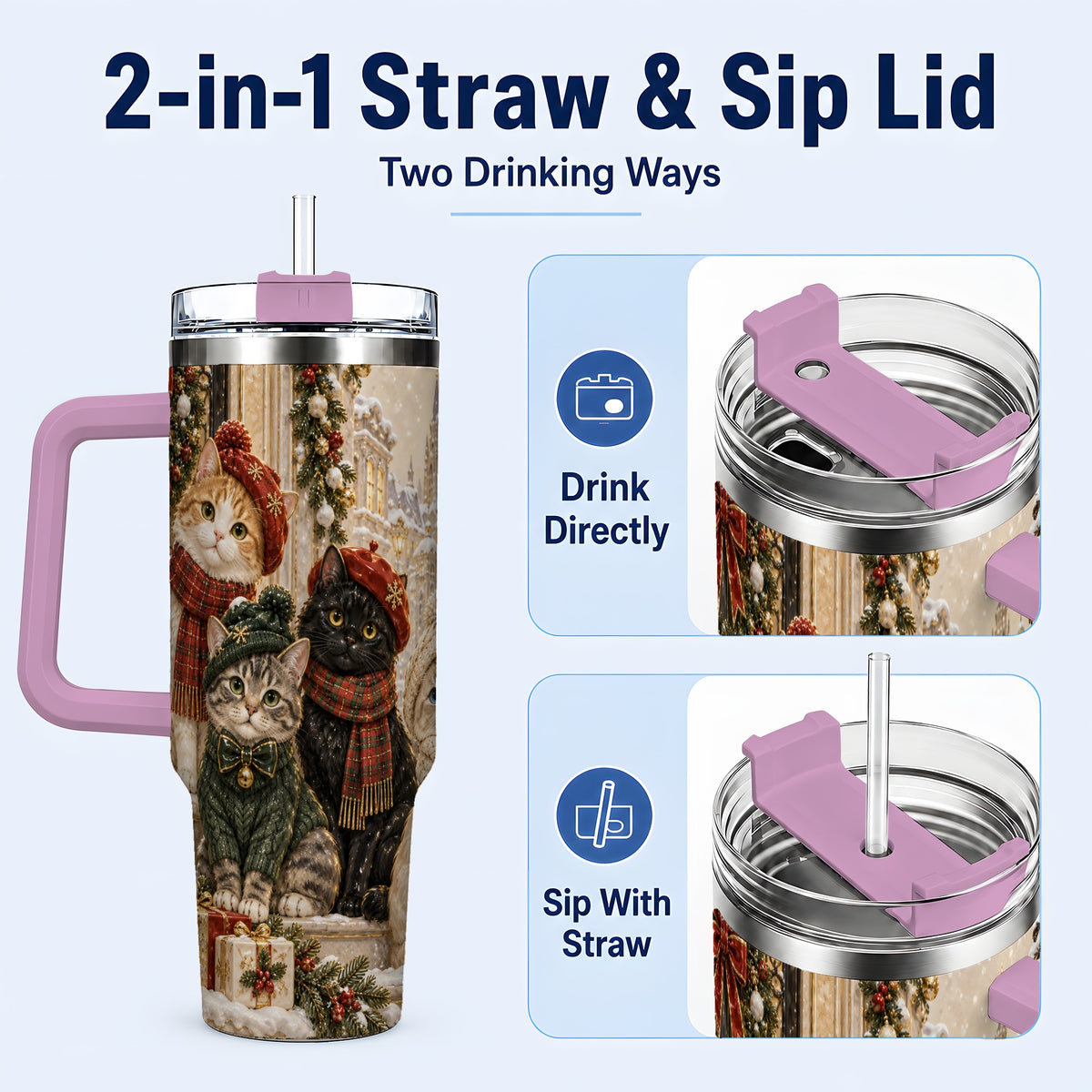 #pl[40oz|Pink] Christmas Cats 40oz Tumbler with Handle, Festive Cat Travel Cup