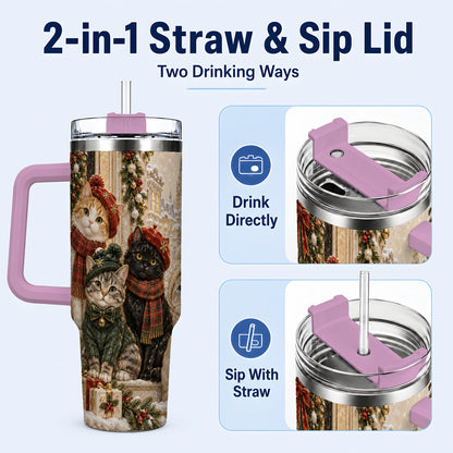 #pl[40oz|Pink] Christmas Cats 40oz Tumbler with Handle, Festive Cat Travel Cup