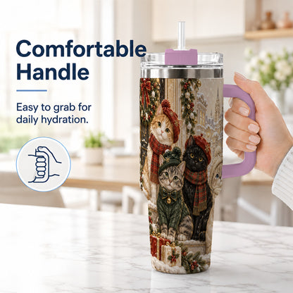 #pl[40oz|Pink] Christmas Cats 40oz Tumbler with Handle, Festive Cat Travel Cup