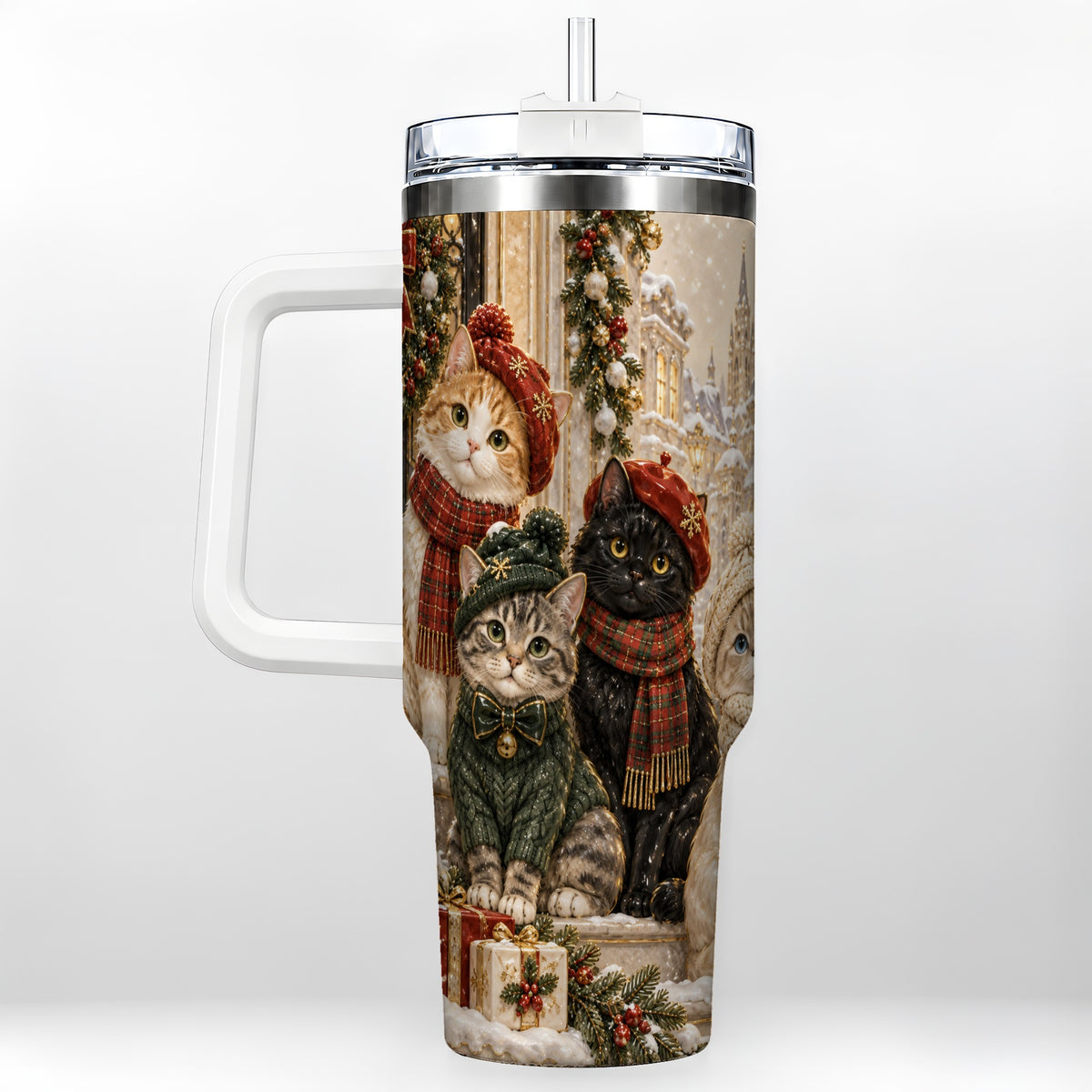 Christmas Cats 40oz Tumbler with Handle, Festive Cat Travel Cup