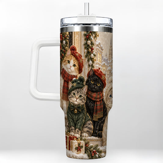Christmas Cats 40oz Tumbler with Handle, Festive Cat Travel Cup