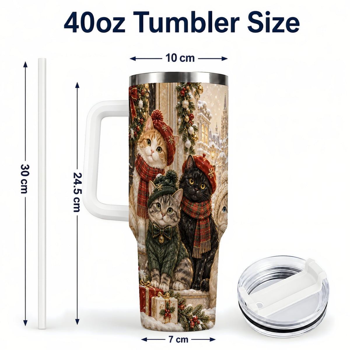 #pl[40oz|White] Christmas Cats 40oz Tumbler with Handle, Festive Cat Travel Cup