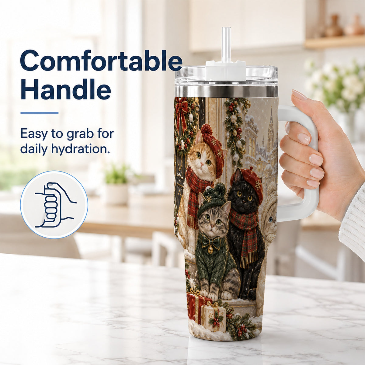 #pl[40oz|White] Christmas Cats 40oz Tumbler with Handle, Festive Cat Travel Cup