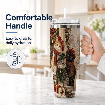 #pl[40oz|White] Christmas Cats 40oz Tumbler with Handle, Festive Cat Travel Cup