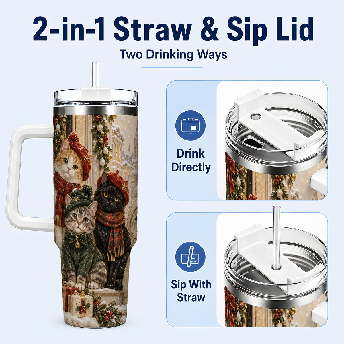 #pl[40oz|White] Christmas Cats 40oz Tumbler with Handle, Festive Cat Travel Cup