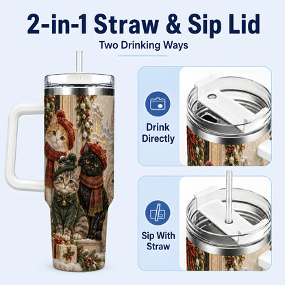 #pl[40oz|White] Christmas Cats 40oz Tumbler with Handle, Festive Cat Travel Cup