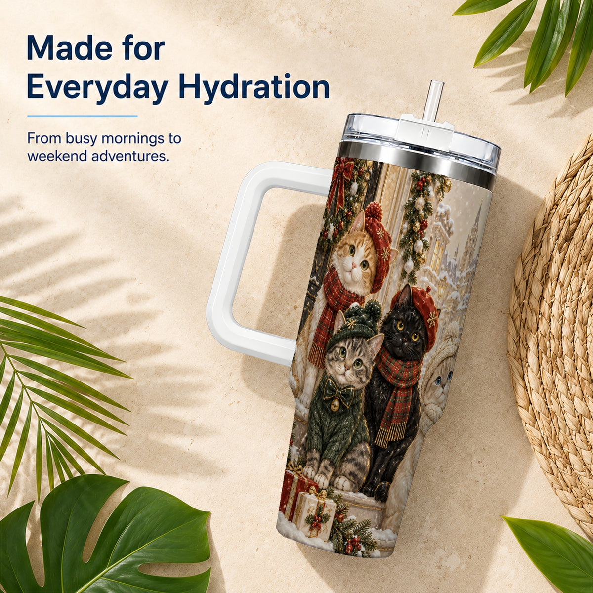 Christmas Cats 40oz Tumbler with Handle, Festive Cat Travel Cup