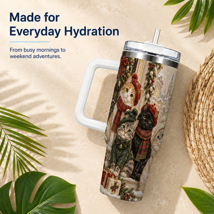 Christmas Cats 40oz Tumbler with Handle, Festive Cat Travel Cup