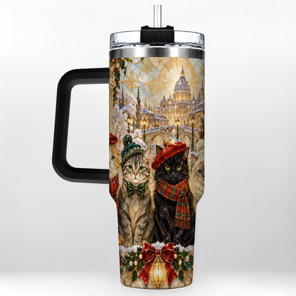 #pl[40oz|Black] Stained Glass Cats 40oz Tumbler with Handle, Christmas Cat Travel Cup