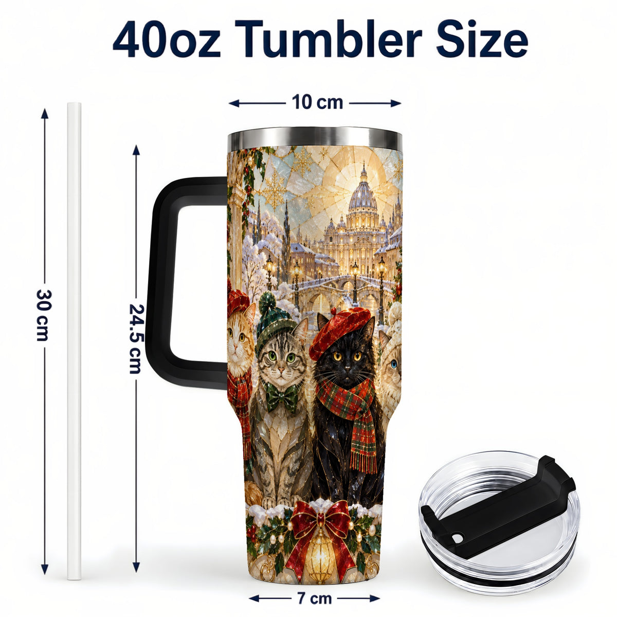 #pl[40oz|Black] Stained Glass Cats 40oz Tumbler with Handle, Christmas Cat Travel Cup
