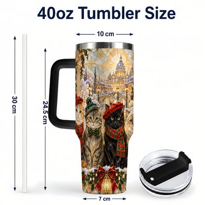 #pl[40oz|Black] Stained Glass Cats 40oz Tumbler with Handle, Christmas Cat Travel Cup