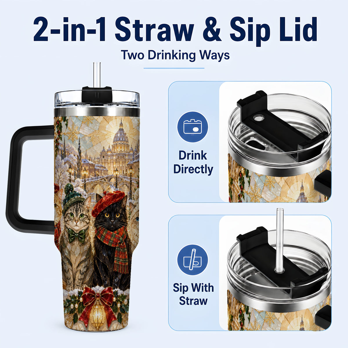 #pl[40oz|Black] Stained Glass Cats 40oz Tumbler with Handle, Christmas Cat Travel Cup