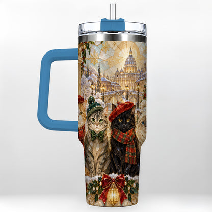 #pl[40oz|Blue] Stained Glass Cats 40oz Tumbler with Handle, Christmas Cat Travel Cup