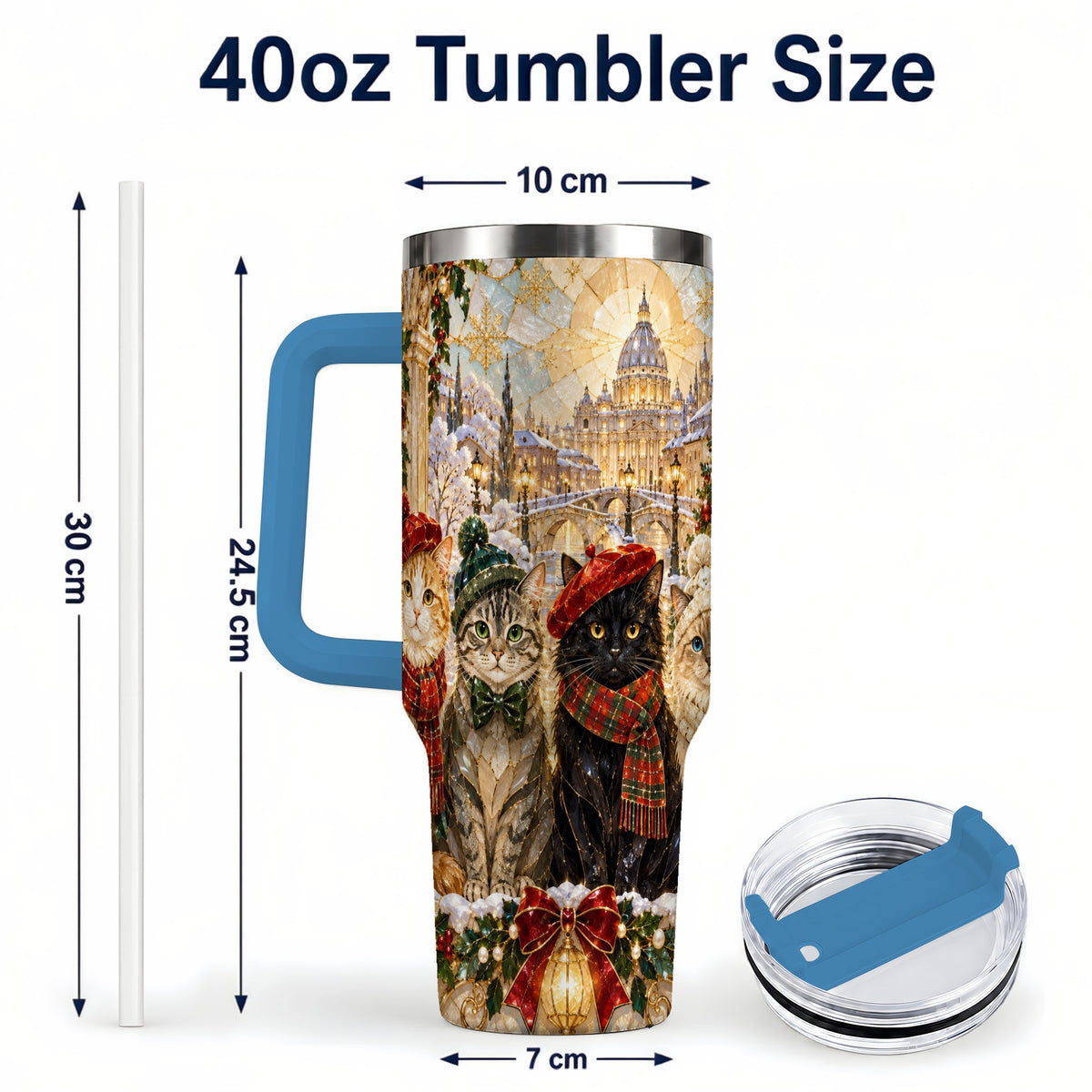 #pl[40oz|Blue] Stained Glass Cats 40oz Tumbler with Handle, Christmas Cat Travel Cup