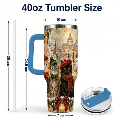 #pl[40oz|Blue] Stained Glass Cats 40oz Tumbler with Handle, Christmas Cat Travel Cup