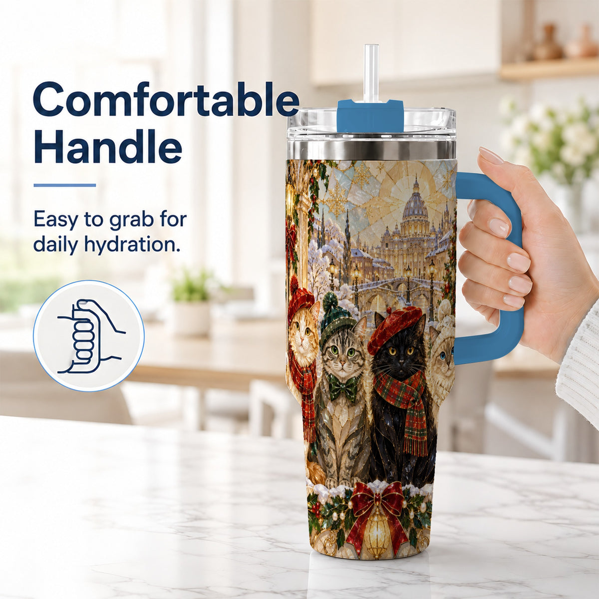 #pl[40oz|Blue] Stained Glass Cats 40oz Tumbler with Handle, Christmas Cat Travel Cup