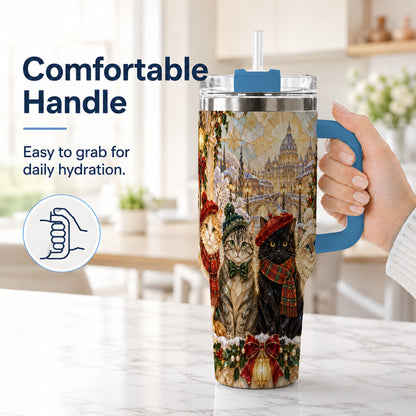#pl[40oz|Blue] Stained Glass Cats 40oz Tumbler with Handle, Christmas Cat Travel Cup