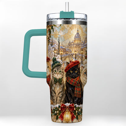 #pl[40oz|Green] Stained Glass Cats 40oz Tumbler with Handle, Christmas Cat Travel Cup