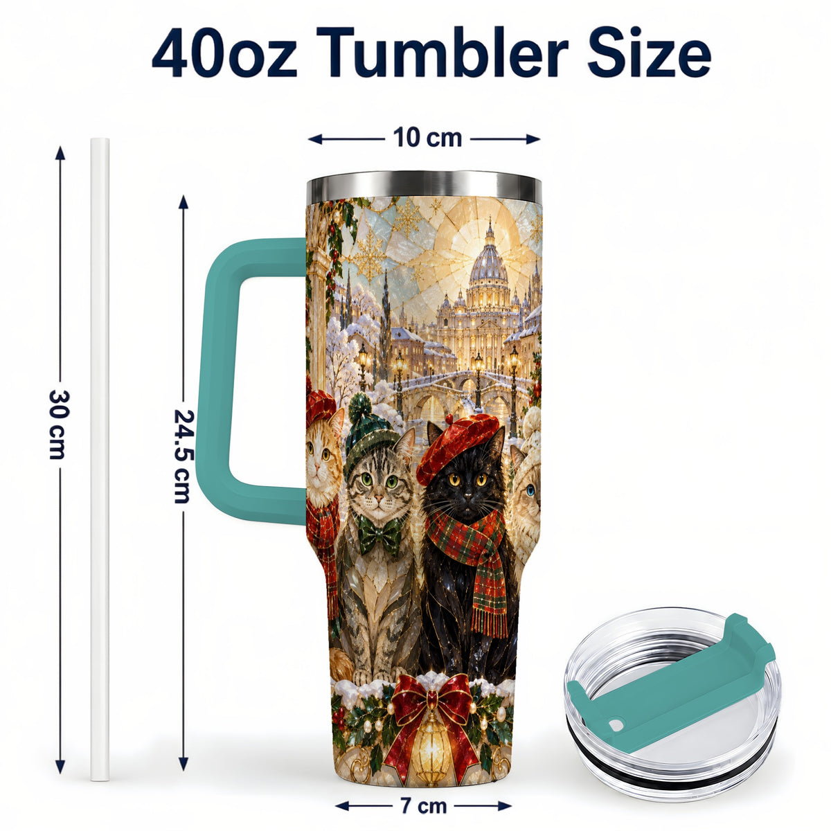 #pl[40oz|Green] Stained Glass Cats 40oz Tumbler with Handle, Christmas Cat Travel Cup