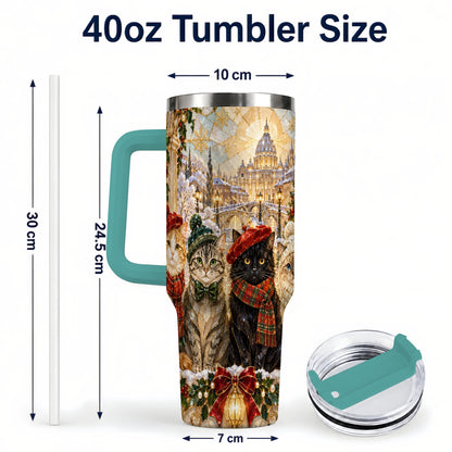 #pl[40oz|Green] Stained Glass Cats 40oz Tumbler with Handle, Christmas Cat Travel Cup