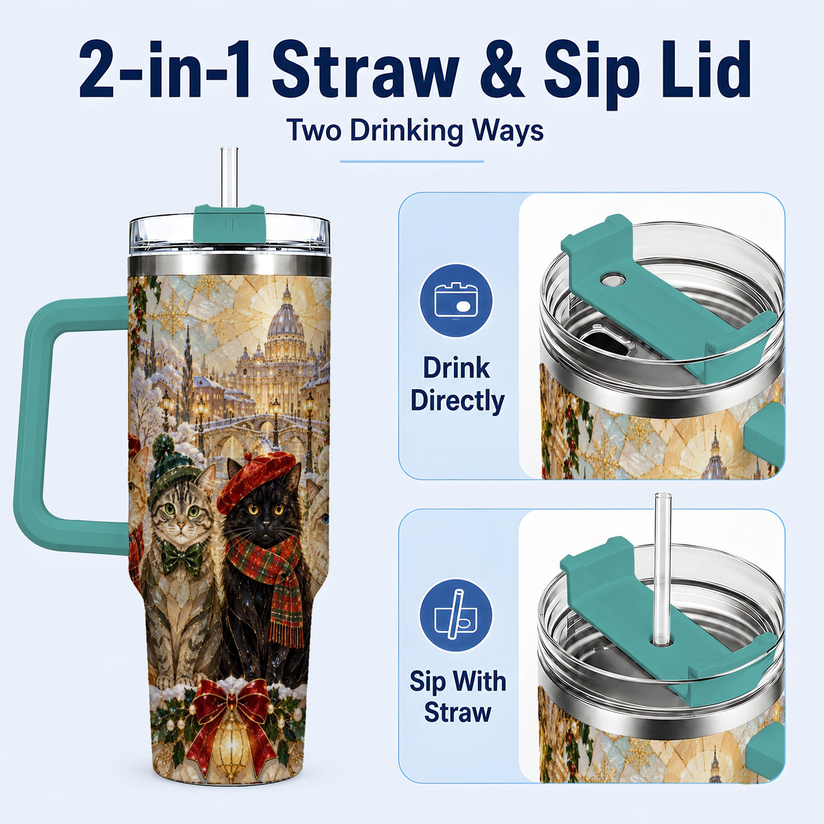 #pl[40oz|Green] Stained Glass Cats 40oz Tumbler with Handle, Christmas Cat Travel Cup