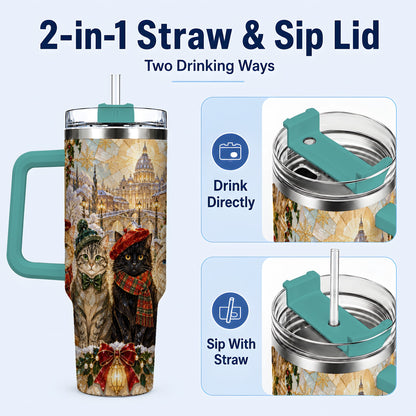#pl[40oz|Green] Stained Glass Cats 40oz Tumbler with Handle, Christmas Cat Travel Cup