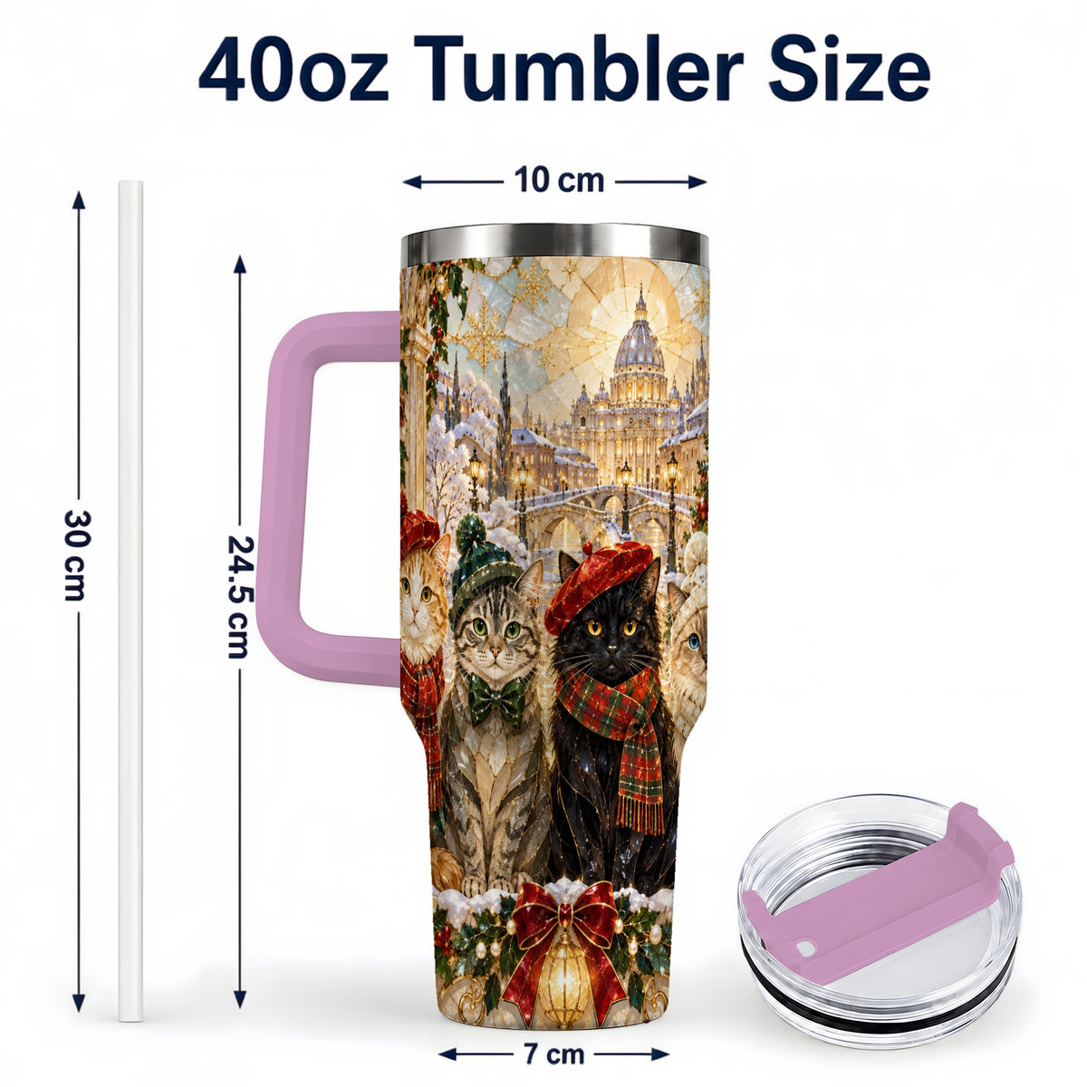#pl[40oz|Pink] Stained Glass Cats 40oz Tumbler with Handle, Christmas Cat Travel Cup