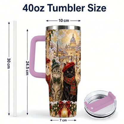 #pl[40oz|Pink] Stained Glass Cats 40oz Tumbler with Handle, Christmas Cat Travel Cup