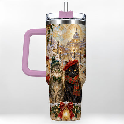 #pl[40oz|Pink] Stained Glass Cats 40oz Tumbler with Handle, Christmas Cat Travel Cup