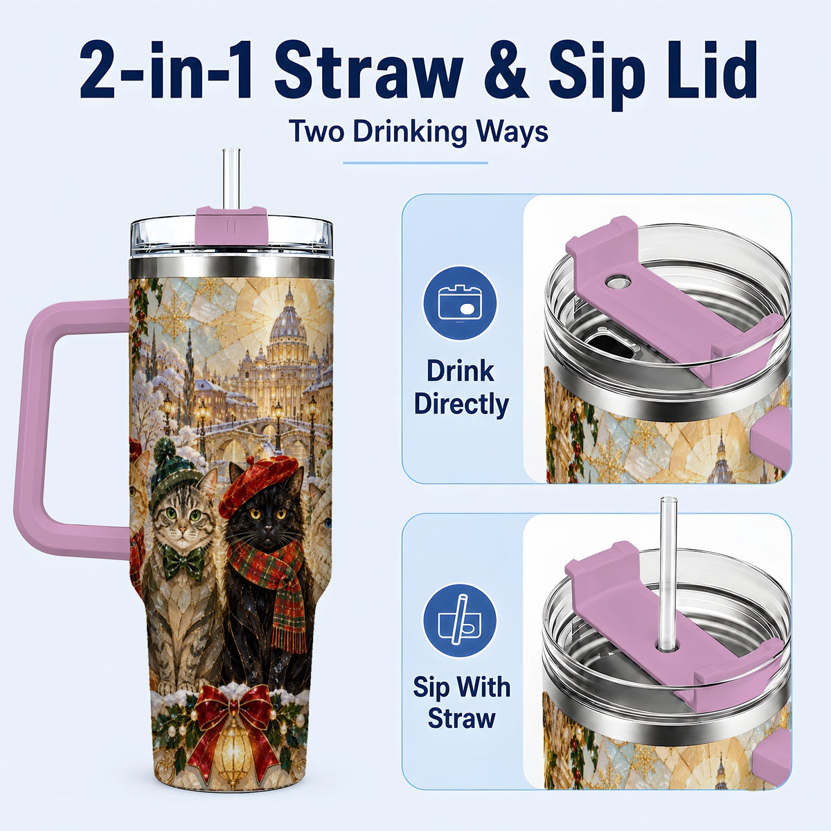 #pl[40oz|Pink] Stained Glass Cats 40oz Tumbler with Handle, Christmas Cat Travel Cup