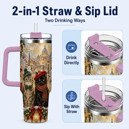 #pl[40oz|Pink] Stained Glass Cats 40oz Tumbler with Handle, Christmas Cat Travel Cup