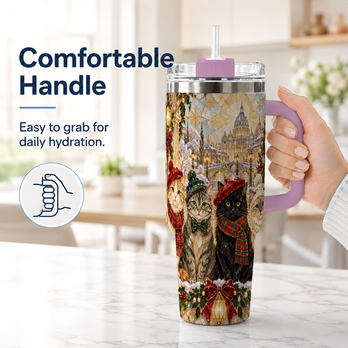 #pl[40oz|Pink] Stained Glass Cats 40oz Tumbler with Handle, Christmas Cat Travel Cup