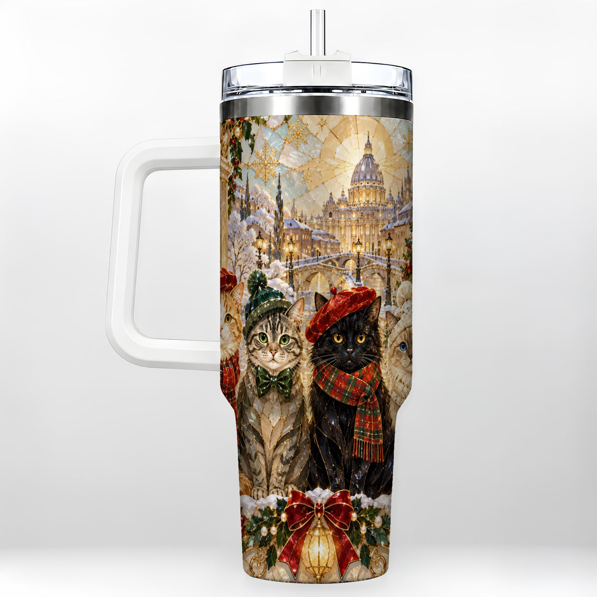 Stained Glass Cats 40oz Tumbler with Handle, Christmas Cat Travel Cup